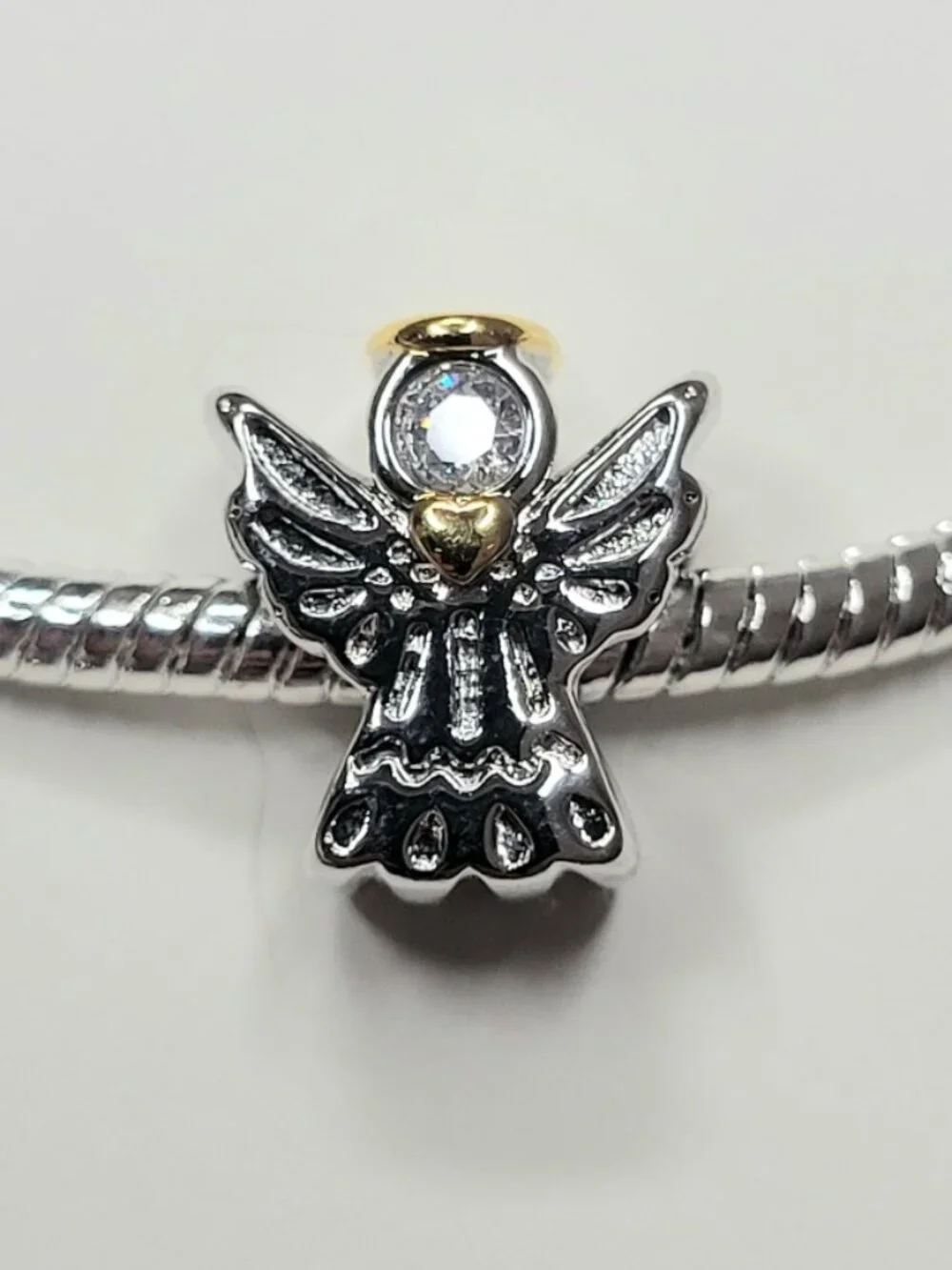 NWT For Pandora Style Bracelets Shiny Silver & Gold Color Angel Charm With Halo